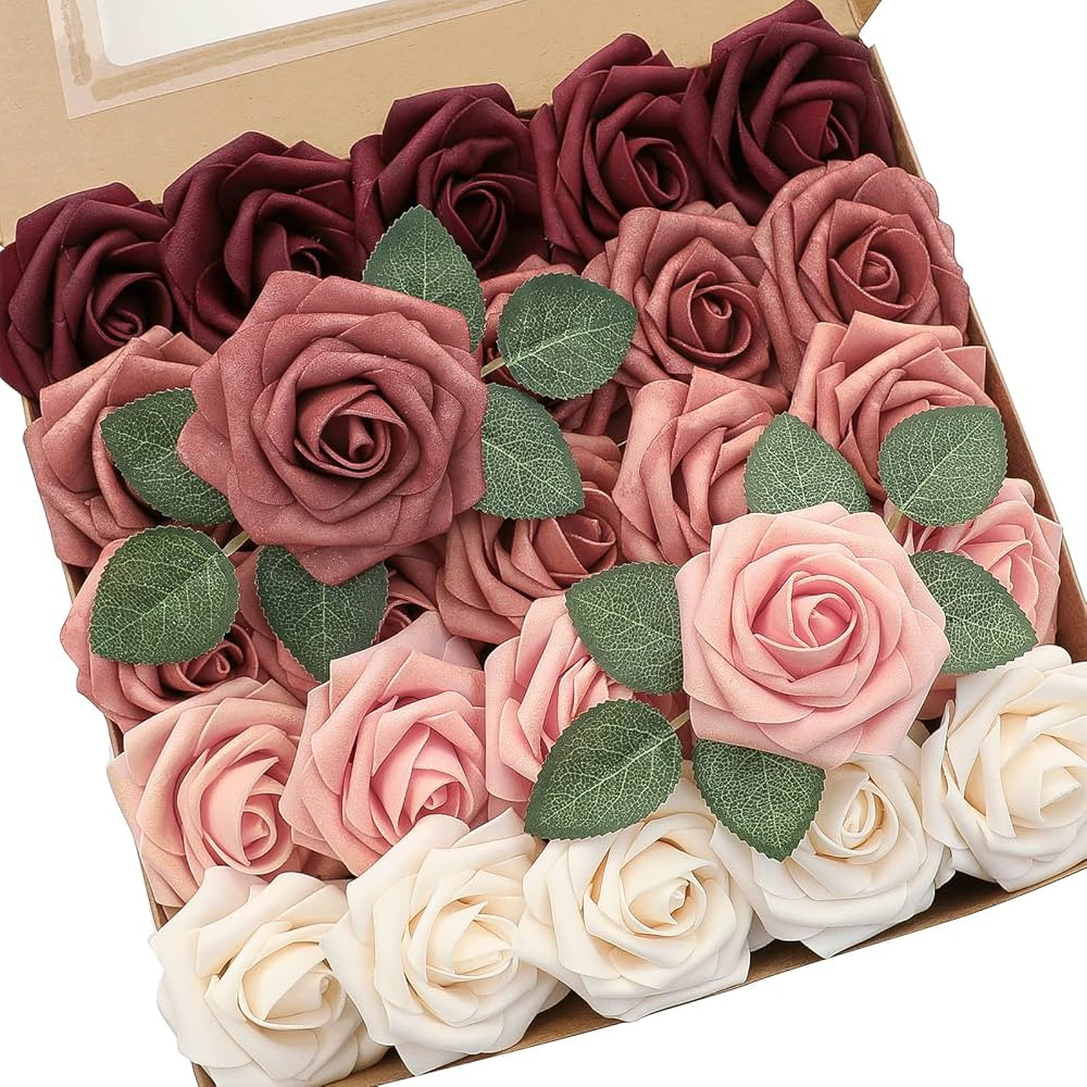 Floroom Artificial Flowers 25pcs Real Looking Burgundy Ombre Colors Foam Fake Roses with Stems fo... | Amazon (US)