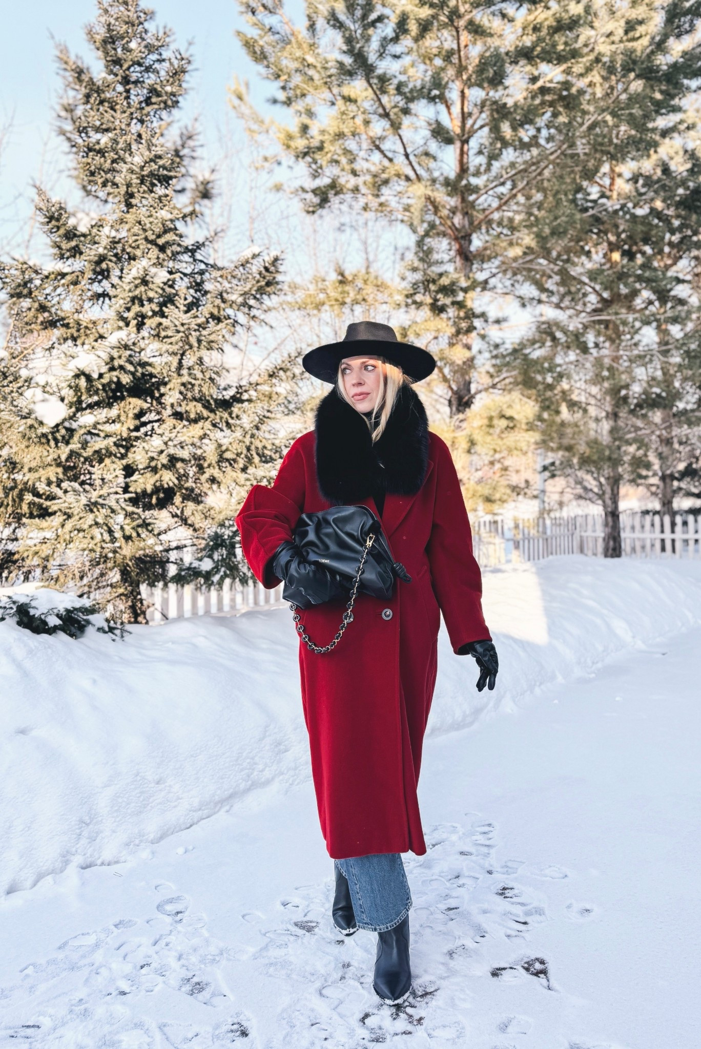 Red coat, black and red winter outfit, black wool hat, black leather gloves, Zara jeans, Loewe Flamenco pouch handbag 

#LTKSeasonal #LTKOver40 #LTKValentine