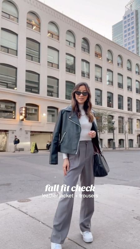 Fall OOTD with gray trousers and faux leather jacket with sneakers. A casual chic look for every day, perfect for casual days at the office or school or just even running errands. 

#LTKfindsunder50 #LTKworkwear #LTKfindsunder100