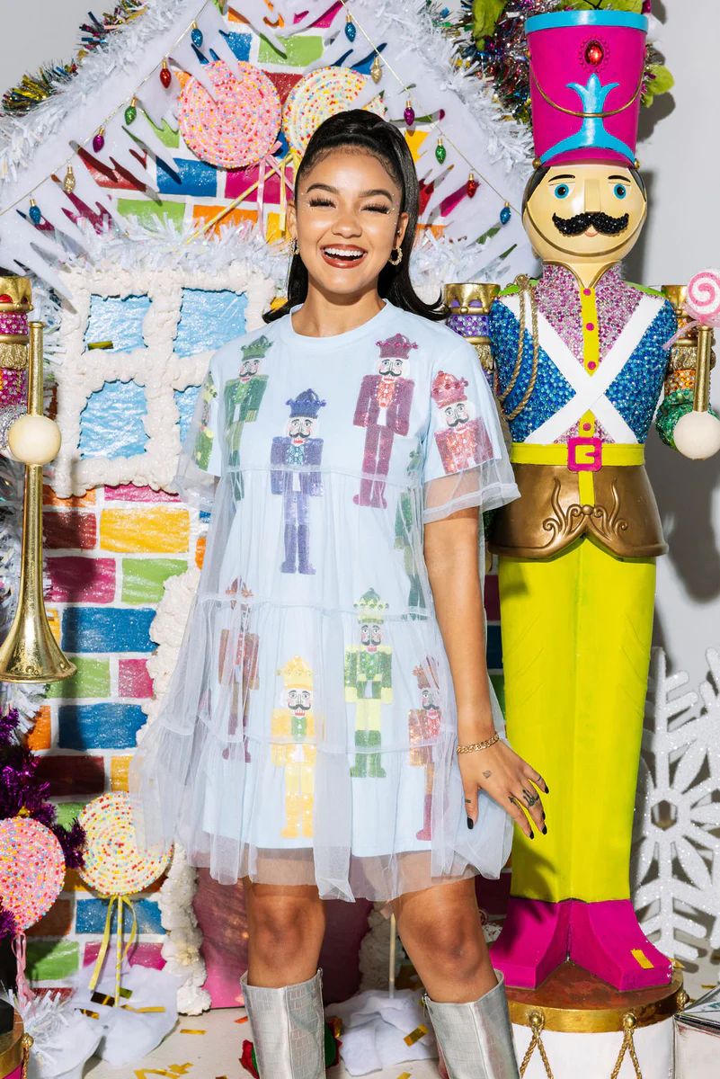 Light Blue & Rainbow Nutcracker Tulle Overlay Tee Dress | Queen of Sparkles