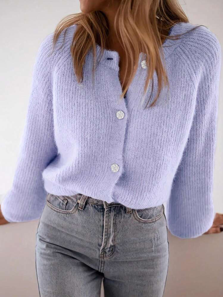 Women's Rib-Knit Button Front Cardigan With Long Sleeves And Round Neckline Soft Polyester Regular Length | SHEIN