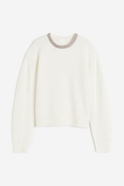 Rhinestone-embellished jumper - White - Ladies | H&M GB | H&M (UK, MY, IN, SG, PH, TW, HK)
