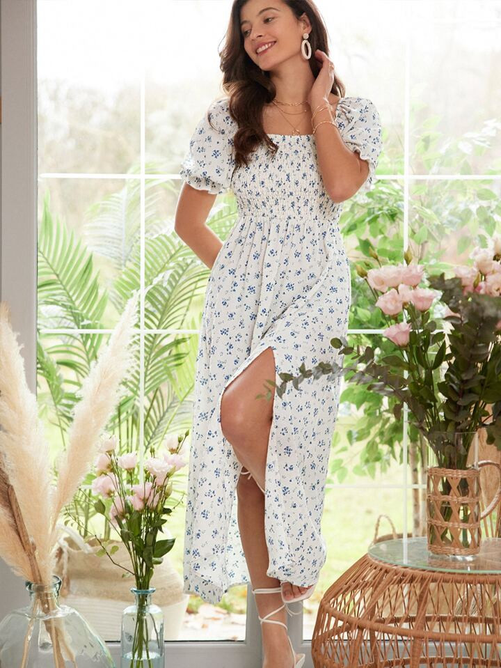 SHEIN Frenchy Ditsy Floral Print Puff Sleeve Split Thigh Dress | SHEIN