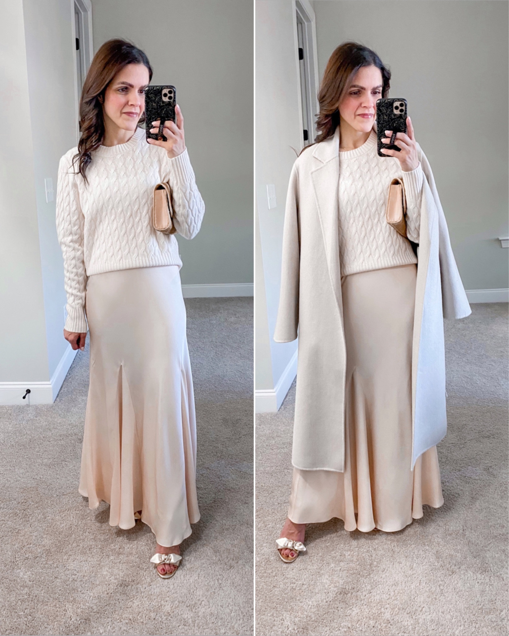 Ways to style a long knit wool coat for Winter | satin maxi slip skirt, cashmere cable knit sweater, gold heel sandal, clutch 

#LTKHoliday #LTKSeasonal #LTKsalealert