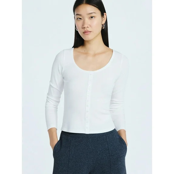 Scoop Women’s Lace Trim Scoop Neck Ribbed Tee with Long Sleeves, Sizes XS-XXL | Walmart (US)