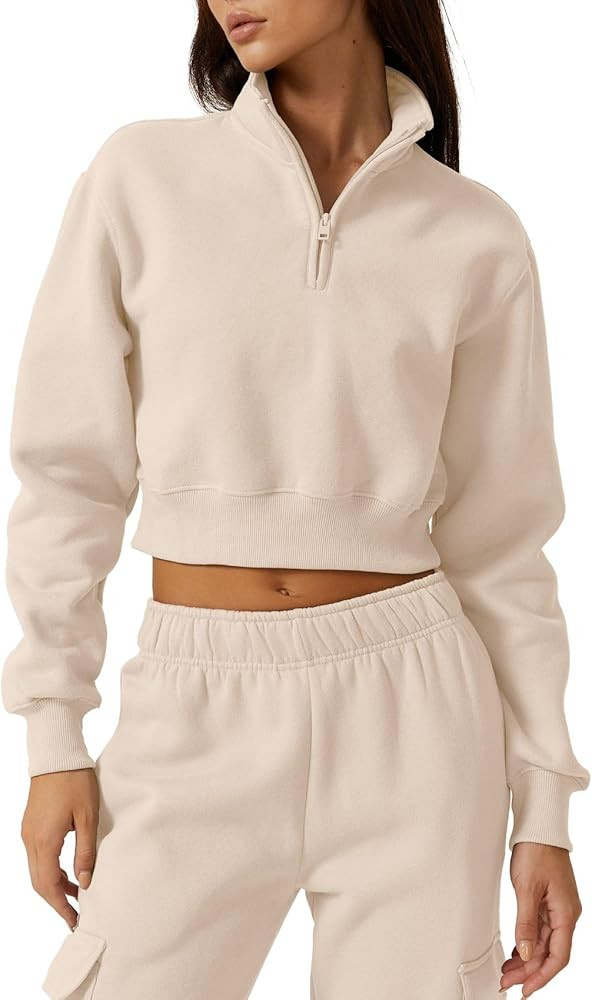 QINSEN Womens Half Zip Crop Sweatshirt High Neck Long Sleeve Pullover Cropped Top | Amazon (US)