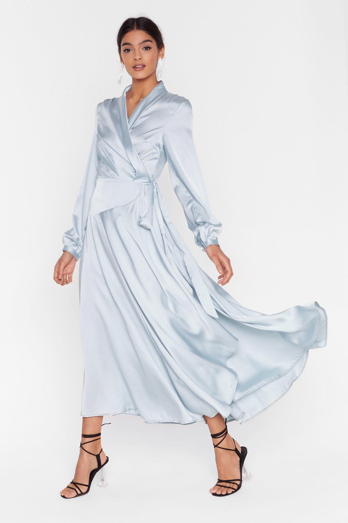 Satin Long Sleeve Wrap Maxi Dress | Nasty Gal (US)