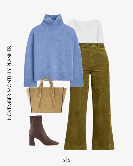 Monthly outfit planner: NOVEMBER Fall and Winter looks |  blue turtleneck sweater, white micro ribbed long sleeve tee, cropped corduroy pant, ankle boot, suede tote

See the entire calendar on thesarahstories.com ✨

#LTKstyletip