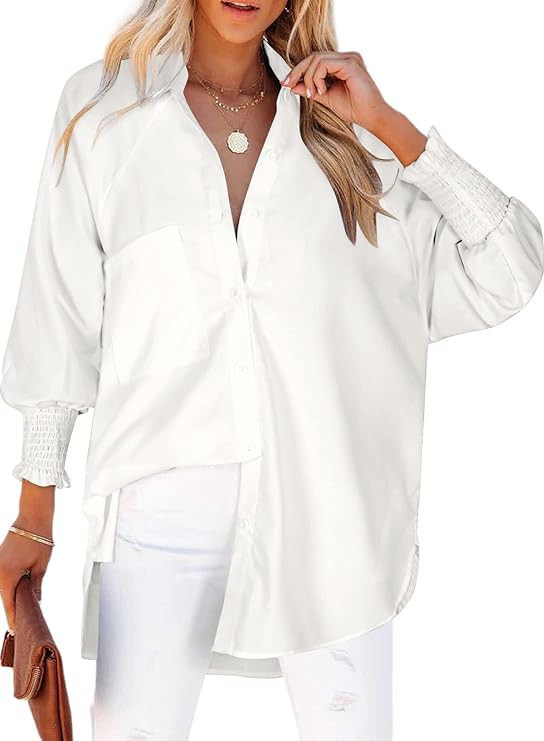Womens Smocked Cuffed Solid Boyfriend Shirt Casual Collar Long Sleeve Oversized Button Down Blous... | Amazon (US)