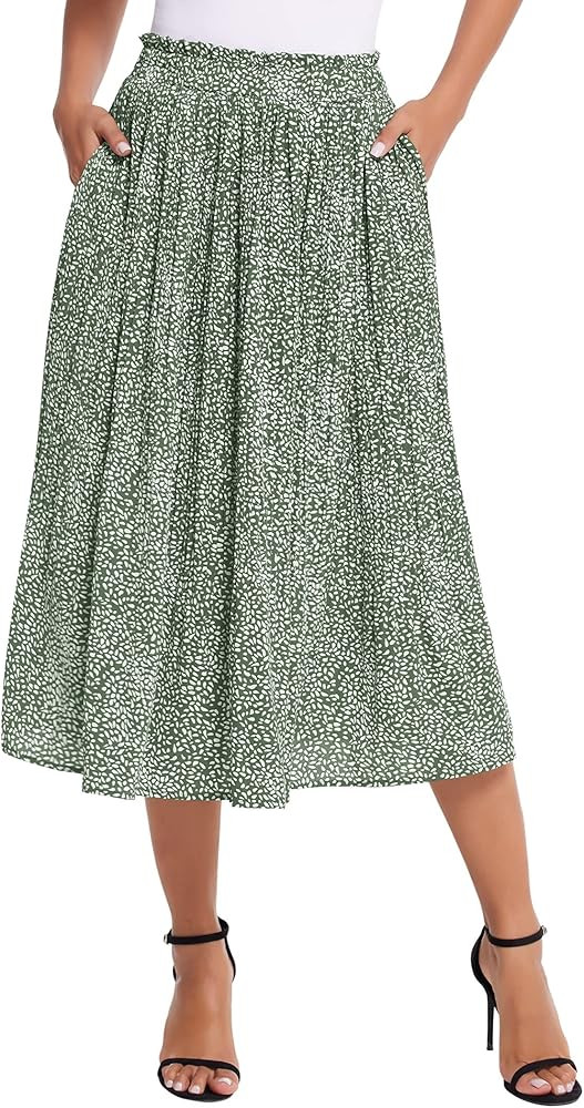 Zeagoo Women's Midi Skirts Elastic High Waist Skirt Polka Dot Casual Pleated Skirt with Pockets | Amazon (US)