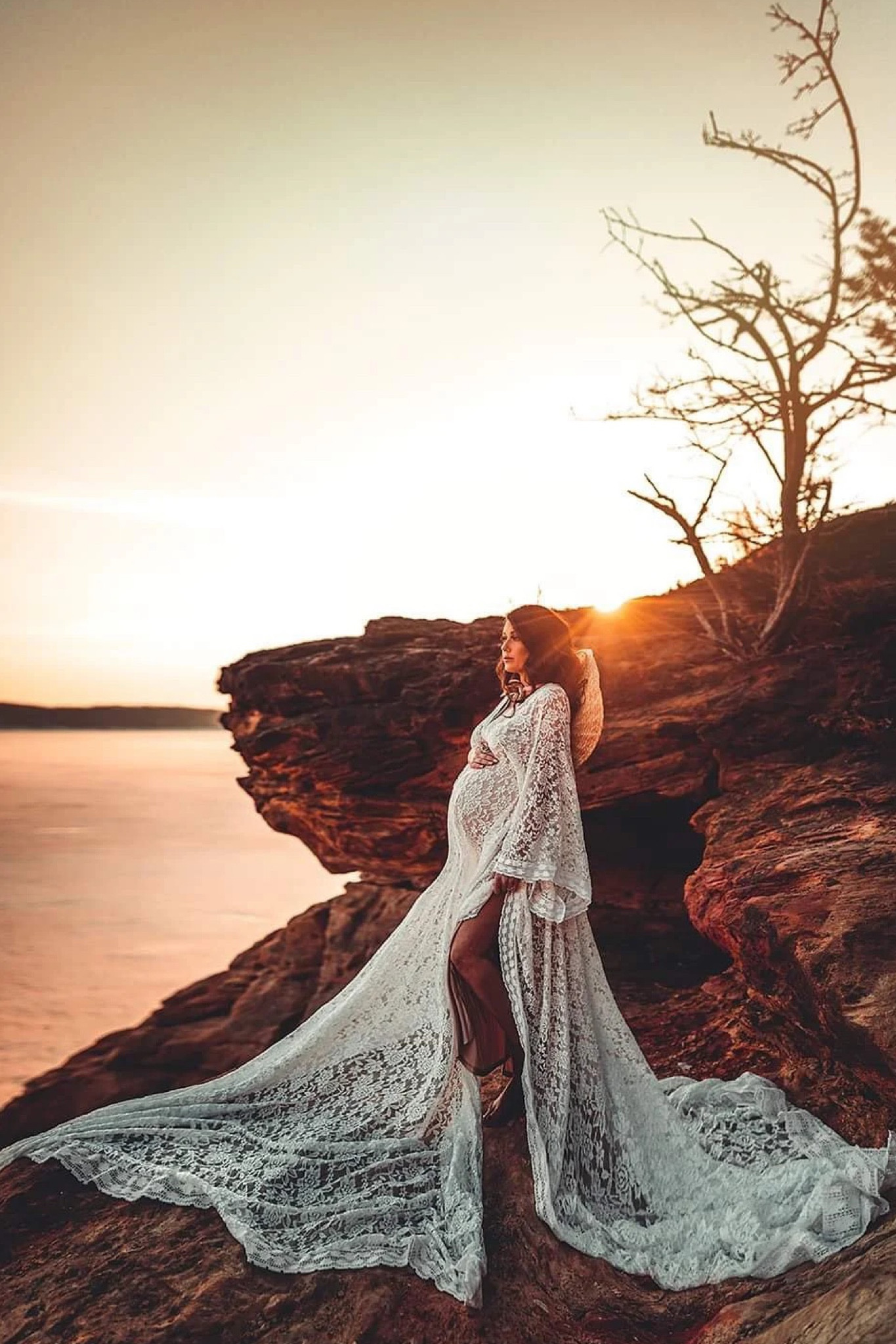 chinese dress ladies Vintage Two-Piece Lace Boho Maternity Photoshoot Dress, Ivory / L main image 1