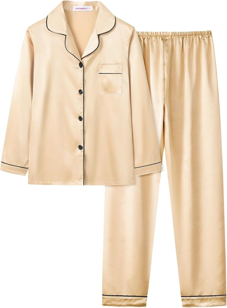Satin Pajamas for Big Girls Unisex Kids Silk Button Down Long Sleeve & Pants PJS 2PCS Size 8-16 | Amazon (US)