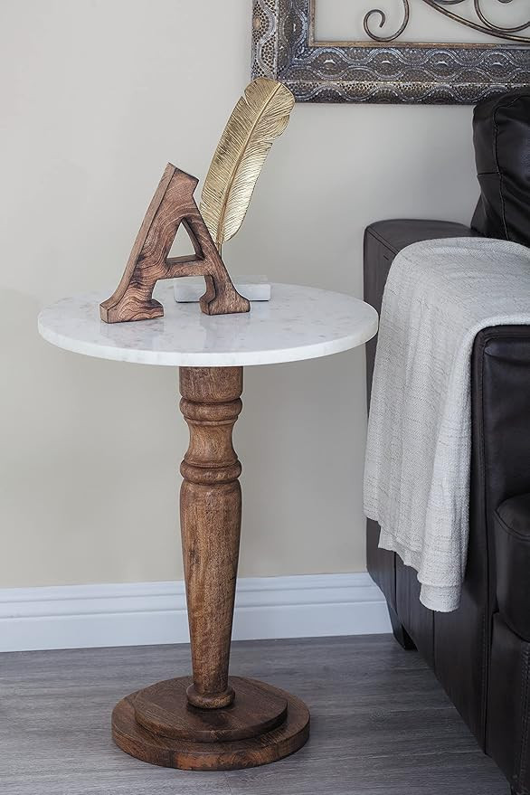Deco 79 Mango Wood Round Accent Table with White Marble Top, 18" x 18" x 23", Brown | Amazon (US)