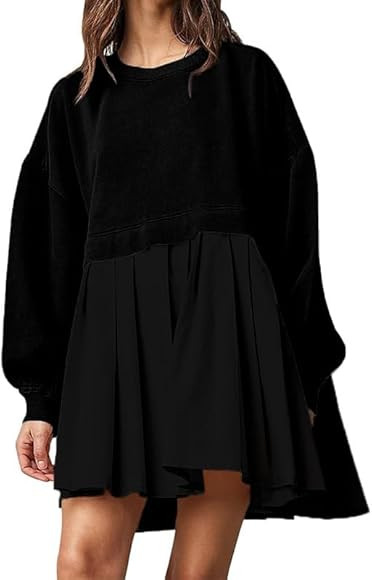 Women Oversized Sweatshirt Dress Long Sleeve Crewneck Patchwork Pleated Relaxed Fit Pullover Tops... | Amazon (US)