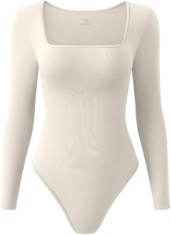 LNSK Women's Sexy Bodysuit Long Sleeve Square Neck Ribbed Fashion Fitted Bodysuits for Women | Amazon (US)