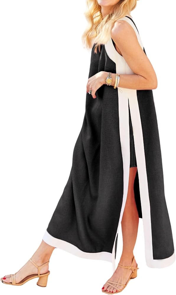 Hooever Women's 2 Piece Sets Boho Color Block Sleeveless Maxi Dress Matching Shorts with Pockets | Amazon (US)