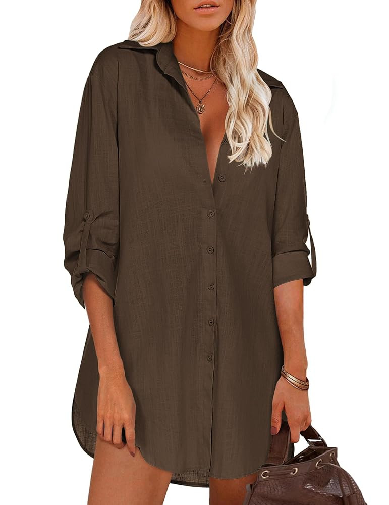 HOTOUCH Women Boyfriend Shirts Button Down Long Sleeve Blouse Cuffed Sleeve Collared Shirt | Amazon (US)