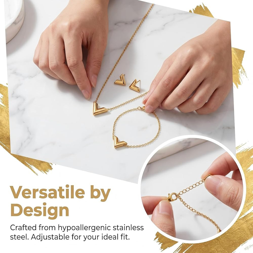 14K Gold Plated Letter V 3-Piece Jewelry Set for Women - Tarnish Free Stainless Steel Adjustable ... | Amazon (US)
