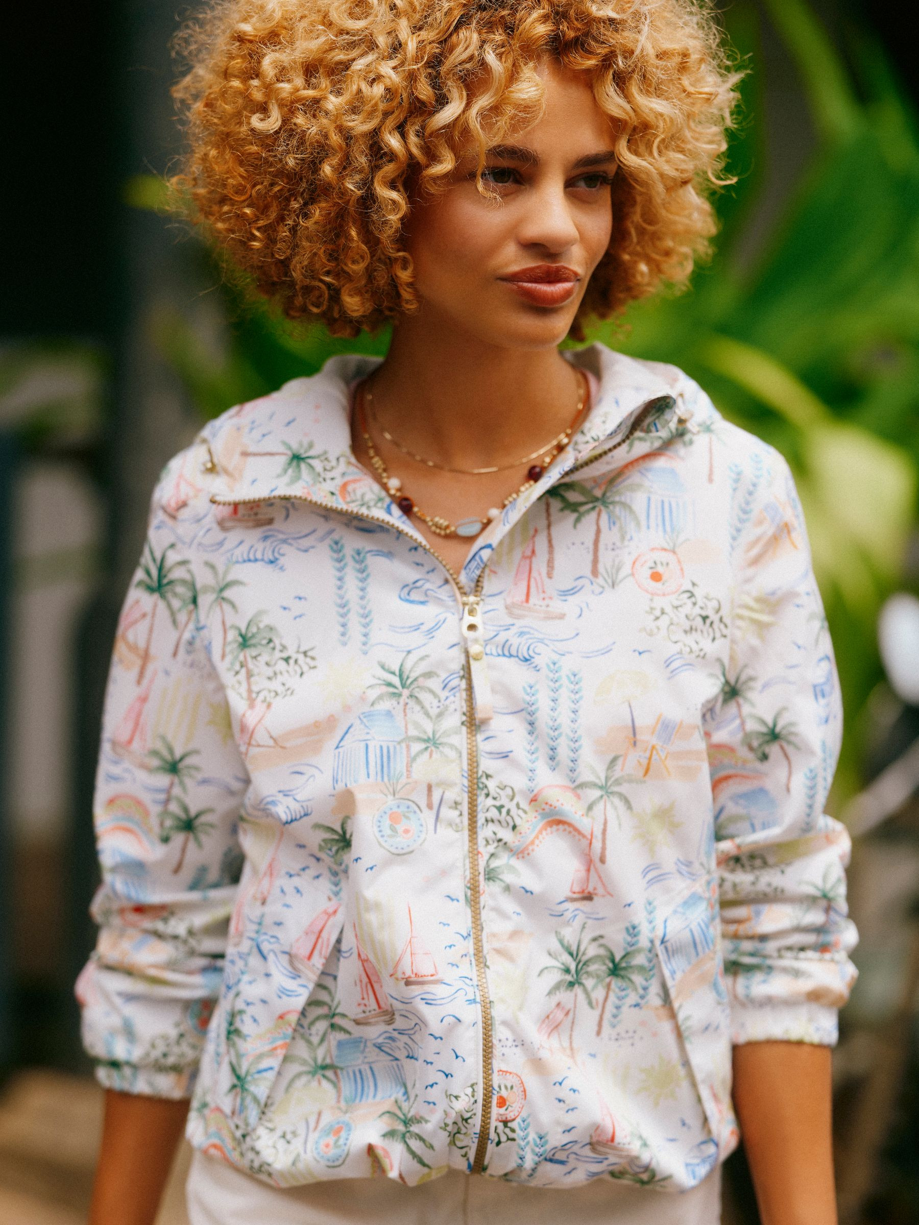 Rainly White Coastal Print Waterproof Packable Raincoat with Hood | Joules | Joules