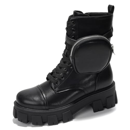 Cape Robbin Women's Combat Boots - Ankle Booties with Side Zipper, Pouch, Chunky Platform & Lace-Up Design (Monalisa) - Black 7 | Amazon (US)