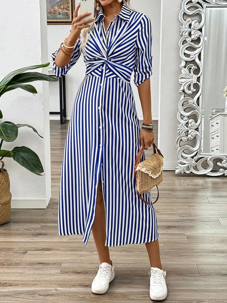 Franclia Blue & White Striped French Twist Front Shrink Decor Mid-Length Sleeve Women's Summer Lo... | SHEIN