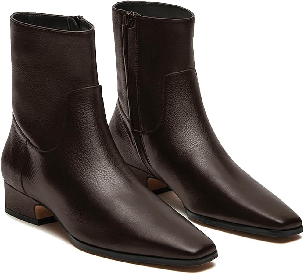 Women's Ankle Boots Square Toe Low Chunky Block Heel Booties Comfortable Short Boots Side Zipper ... | Amazon (US)