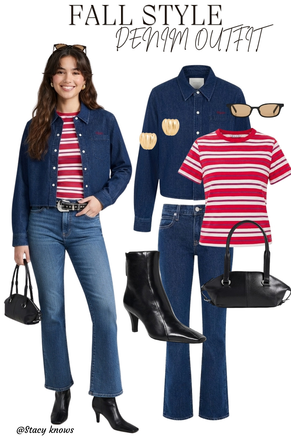 Fall layering perfection! This chic look pairs a classic cropped denim button-down with a striped tee, tailored dark wash flare jeans, and sleek black boots. Accessorized with minimal gold earrings, stylish sunglasses, and the ultimate structured black shoulder bag. Shop all the exact pieces to recreate this outfit!
#LTKstyletip #LTKseasonal #LTKfinds #FallFashion #FallStyle #DenimOnDenim #StreetStyleInspo #OutfitInspiration #FallOutfits #ChicStyle #CapsuleWardrobe #EverydayStyle 

 #LTKgrwm #LTKootd #LTKSeasonal