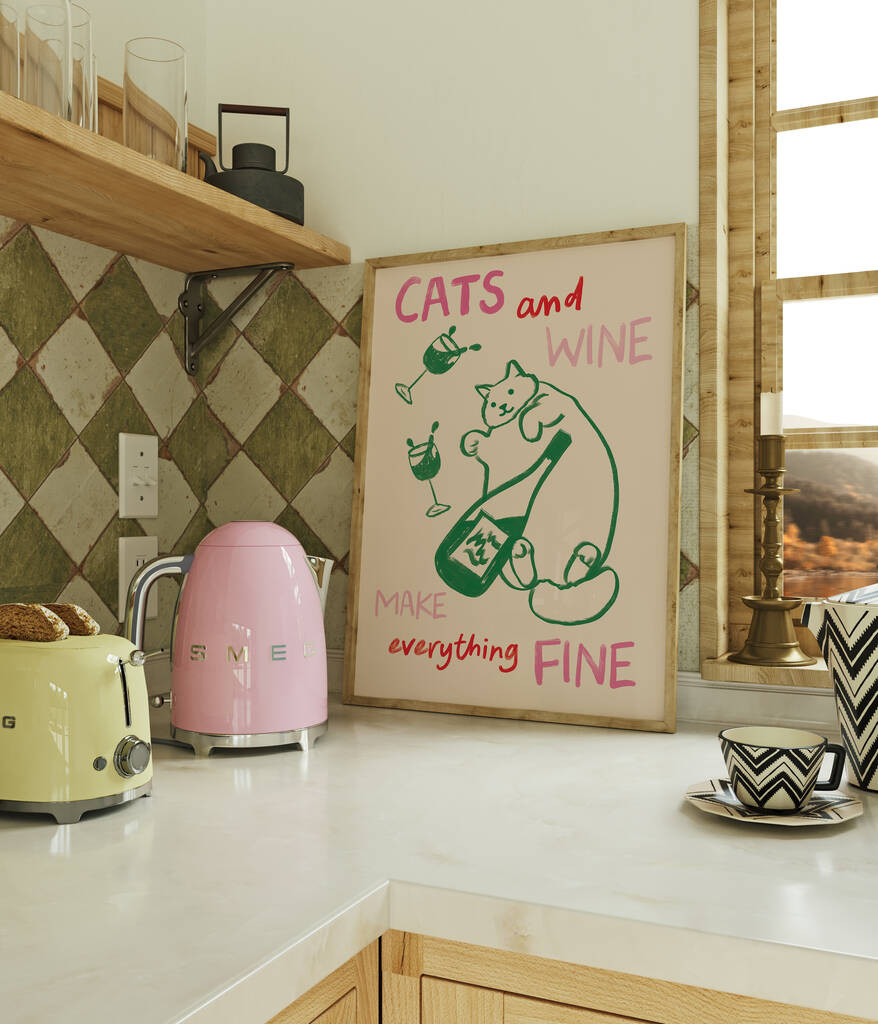 Cats And Wine Kitchen Print | Not On The High Street