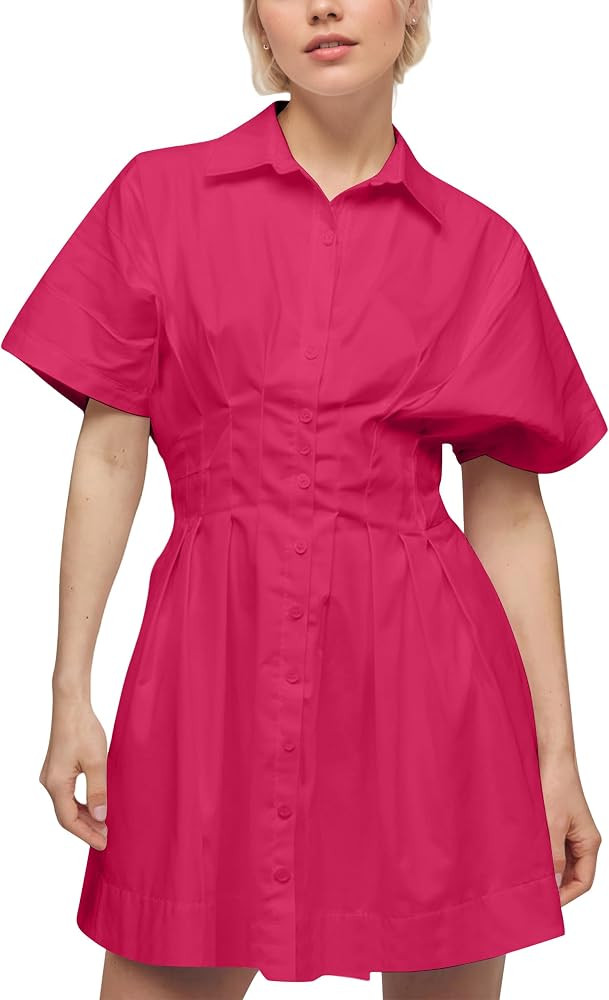Women Y2K Striped Button Front Pleated Shirt Mini Summer Dress     Short Sleeve,V Neck Sundress, ... | Amazon (US)