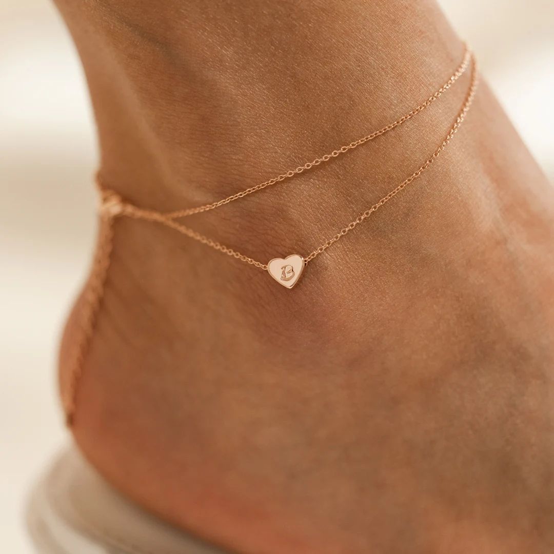 Personalized Heart Layered Anklet Custom Dainty Name Delicate Engraved Heart Pendant Initial Jewe... | Etsy (US)
