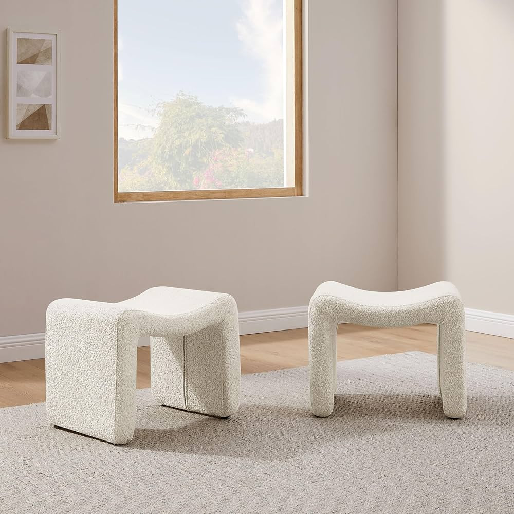 Modern Boucle Ottoman, Vanity Stool Chair, Foot Stool with Wooden Legs Sofa Bench Footstool Extra... | Amazon (US)