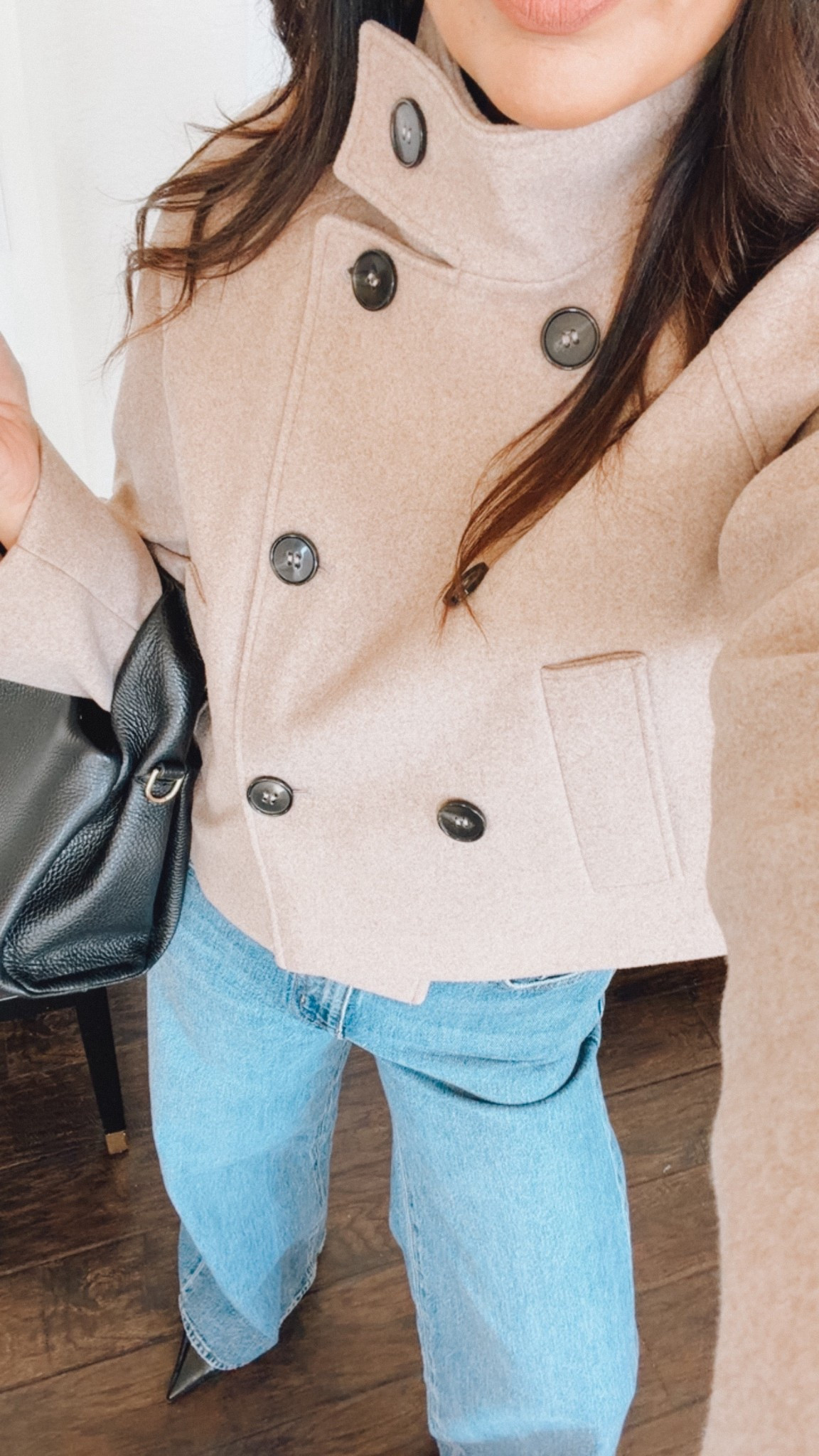 Crop pea coat🙌🏽 it’s not heavy so perfect for spring transition. If you’re not into crop trench jackets, this is a great more modern alternative. Wearing a small 
Jeans are a 12/10🔥 I’ll be styling them all spring- fit TTS 

#LTKOver40 #LTKootd