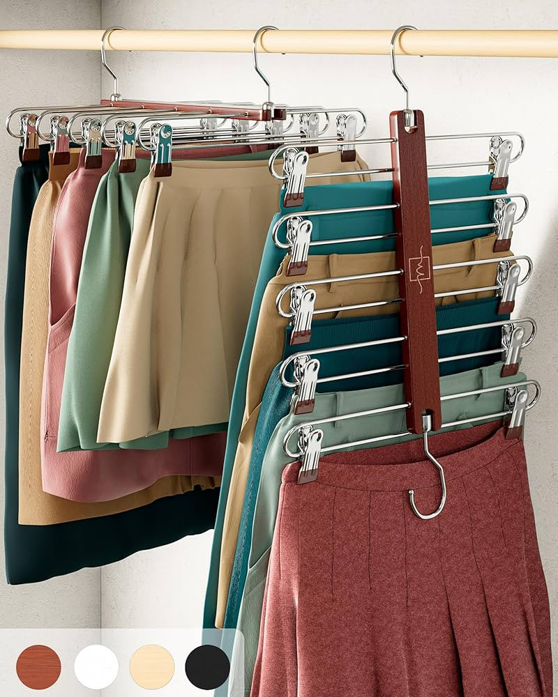 MORALVE Skirt Hangers Space Saving with Clips - 2 Pack - European Beechwood 5-Tier Hanger for Sho... | Amazon (UK)