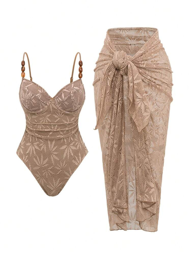 Swim Oasis 2pcs/Set Summer Vacation Sexy Underwire Backless Spaghetti Strap Women One-Piece Swimsuit & Sarong Maxi Skirt Two Pieces Set Crochet Two Pieces Set Brown Two Pieces Set Women Two Pieces Set Women Bikini Cover Up Set Brown Formal Skirt Brown Wedding Guest Skirt Rose Gold Skirt Women Earth Tone Skirt Bronze Skirt | SHEIN