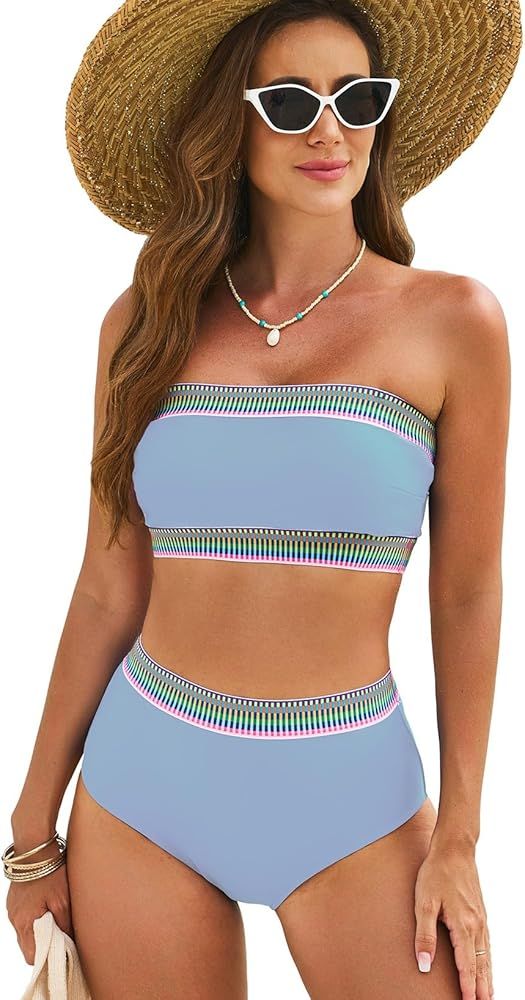 Herseas Women's 2 Pieces High Waist Bikini Set Color Block Bandeau Swimsuits 2024 Swim Suit Cheek... | Amazon (US)