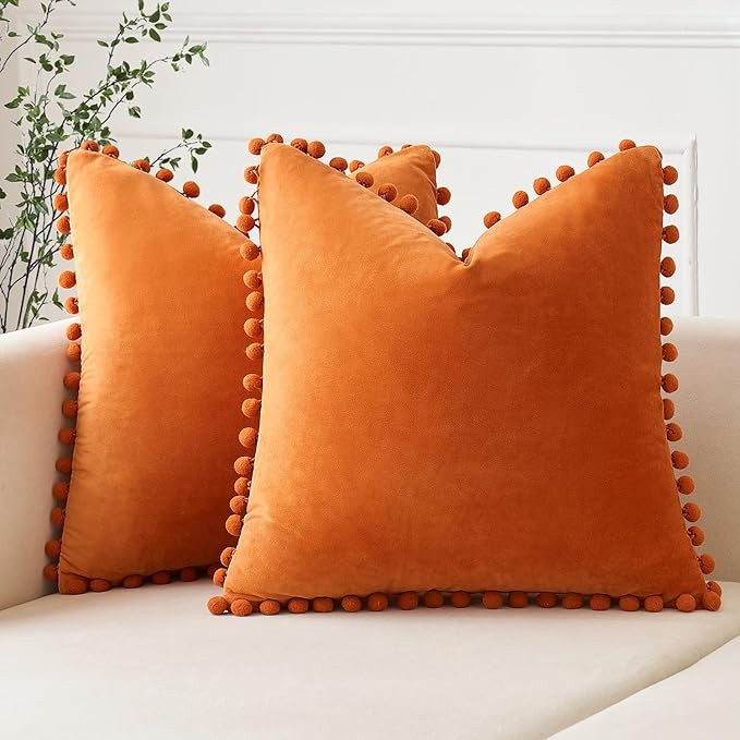 Woaboy Fall Decorative Pillow Covers 18x18 Orange Throw Pillows Pack of 2 Cozy Soft Pom-poms Velv... | Amazon (US)