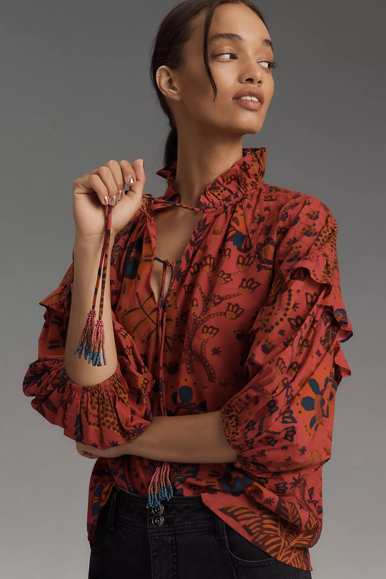 Farm Rio Puff-Sleeve Tie Blouse | Anthropologie (US)