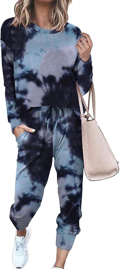 WFTBDREAM Womens Two Piece Outfits Tie Dye Long Sleeve Pullover Pajamas Sets | Amazon (US)
