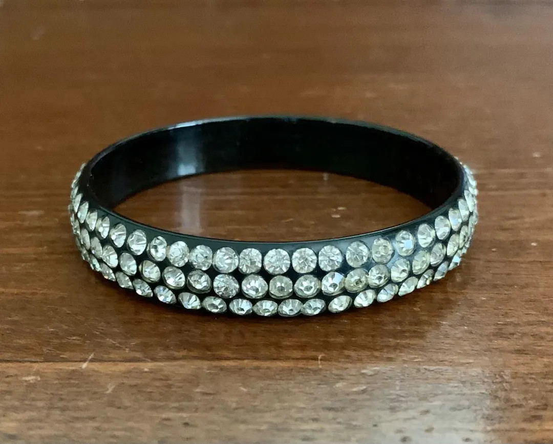 Vintage Black Celluloid With Clear Rhinestones Bangle Bracelet. Three Row Rhinestone Celluloid Ba... | Etsy (US)