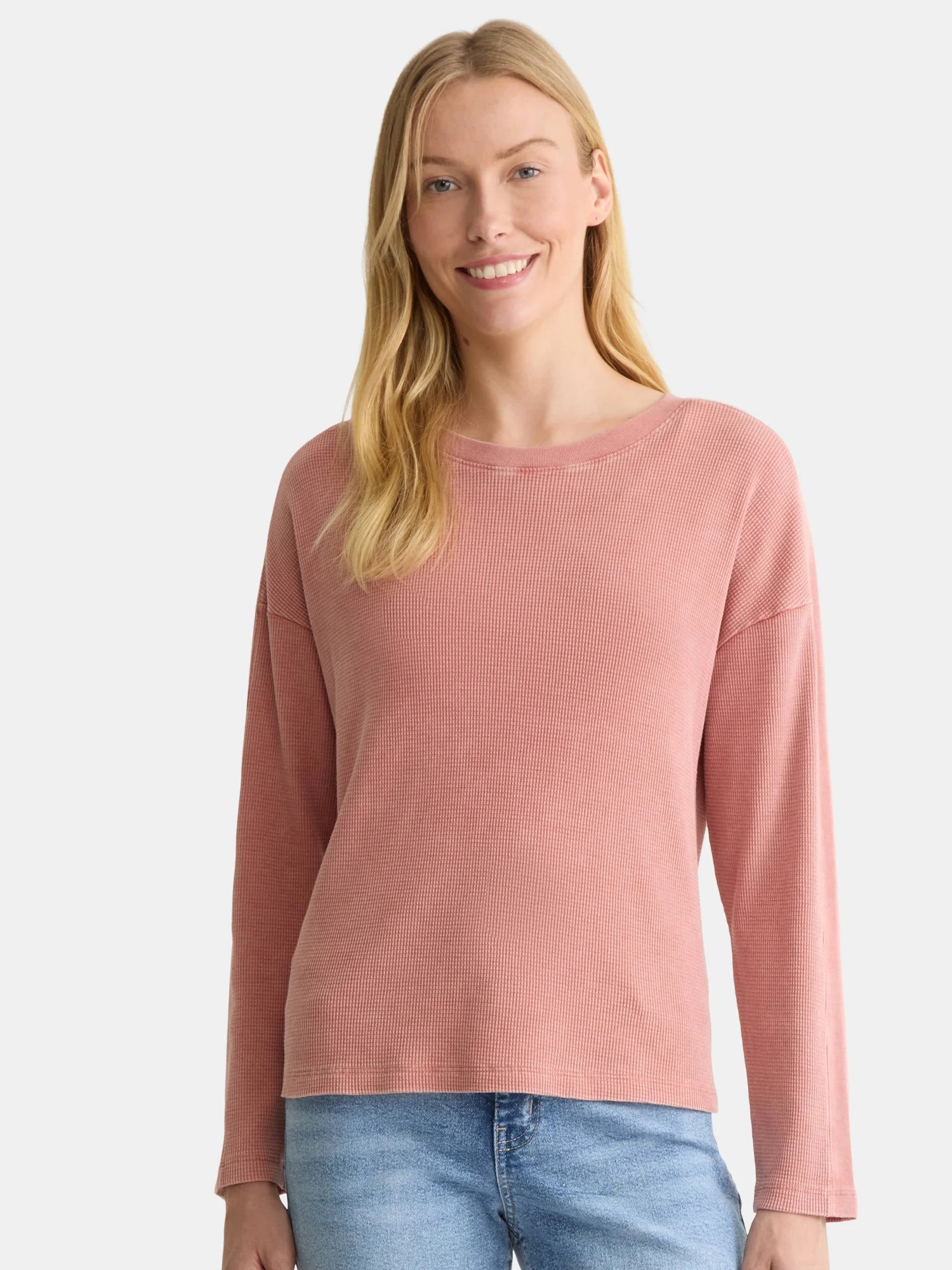 Time and Tru Women's Boxy Thermal Tee with Long Sleeves, Sizes XS-XXXL | Walmart (US)