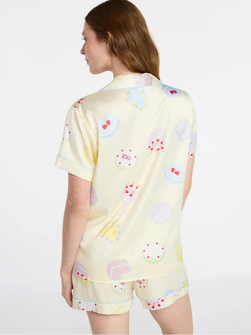 Joyspun Women’s Stretch Satin Short Sleeve Top and Shorts Pajama Set, Sizes XS-3X | Walmart (US)