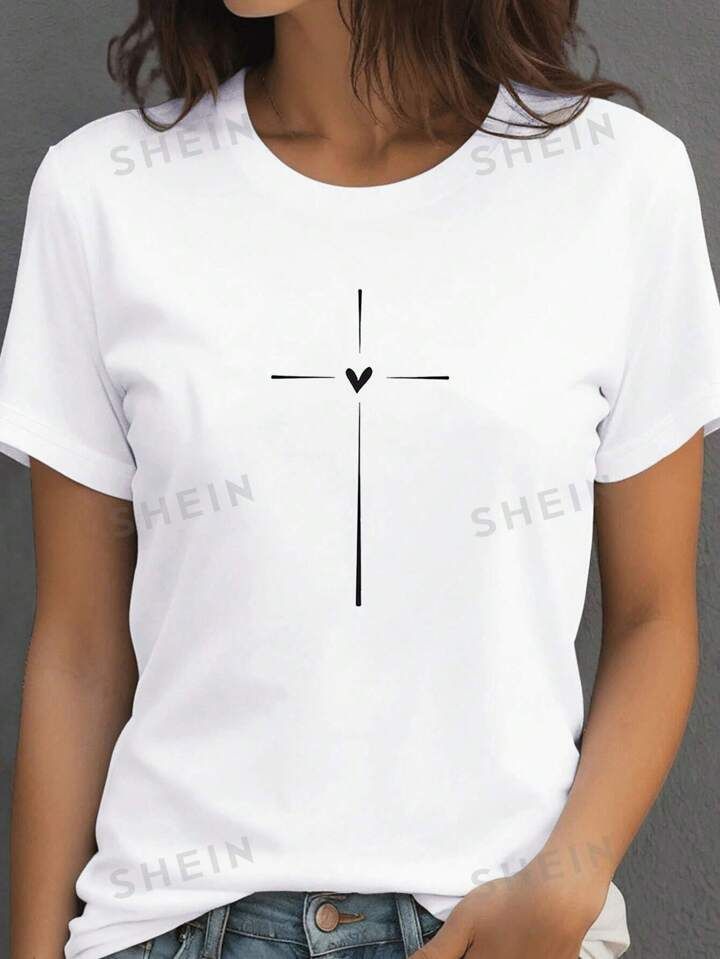 SHEIN LUNE Women's Cross Printed Round Neck Short Sleeve T-Shirt | SHEIN
