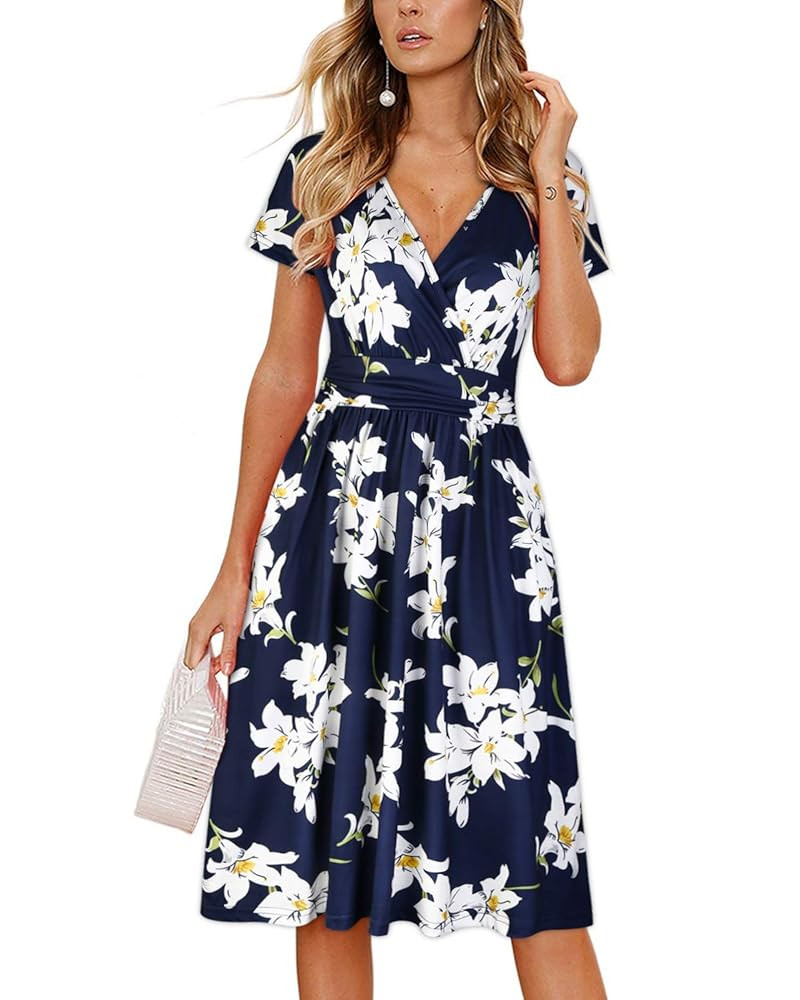 OUGES Women's Summer Short Sleeve V-Neck Floral Short Party Dress with Pockets | Amazon (US)