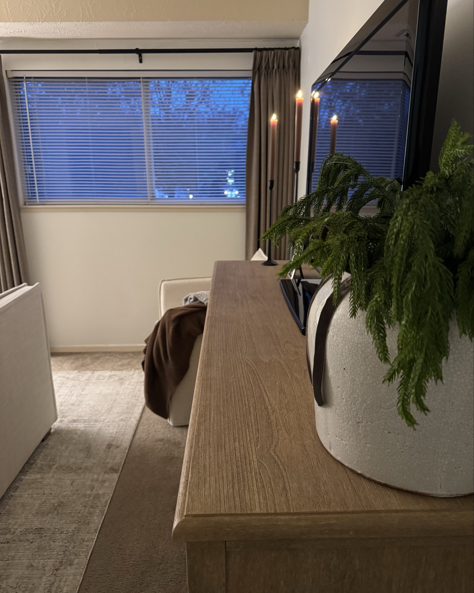 Wood dresser, white vase, Norfolk stems, Norfolk pine, Afloral Christmas stems, brown curtains

#LTKHoliday #LTKHome #LTKCyberWeek