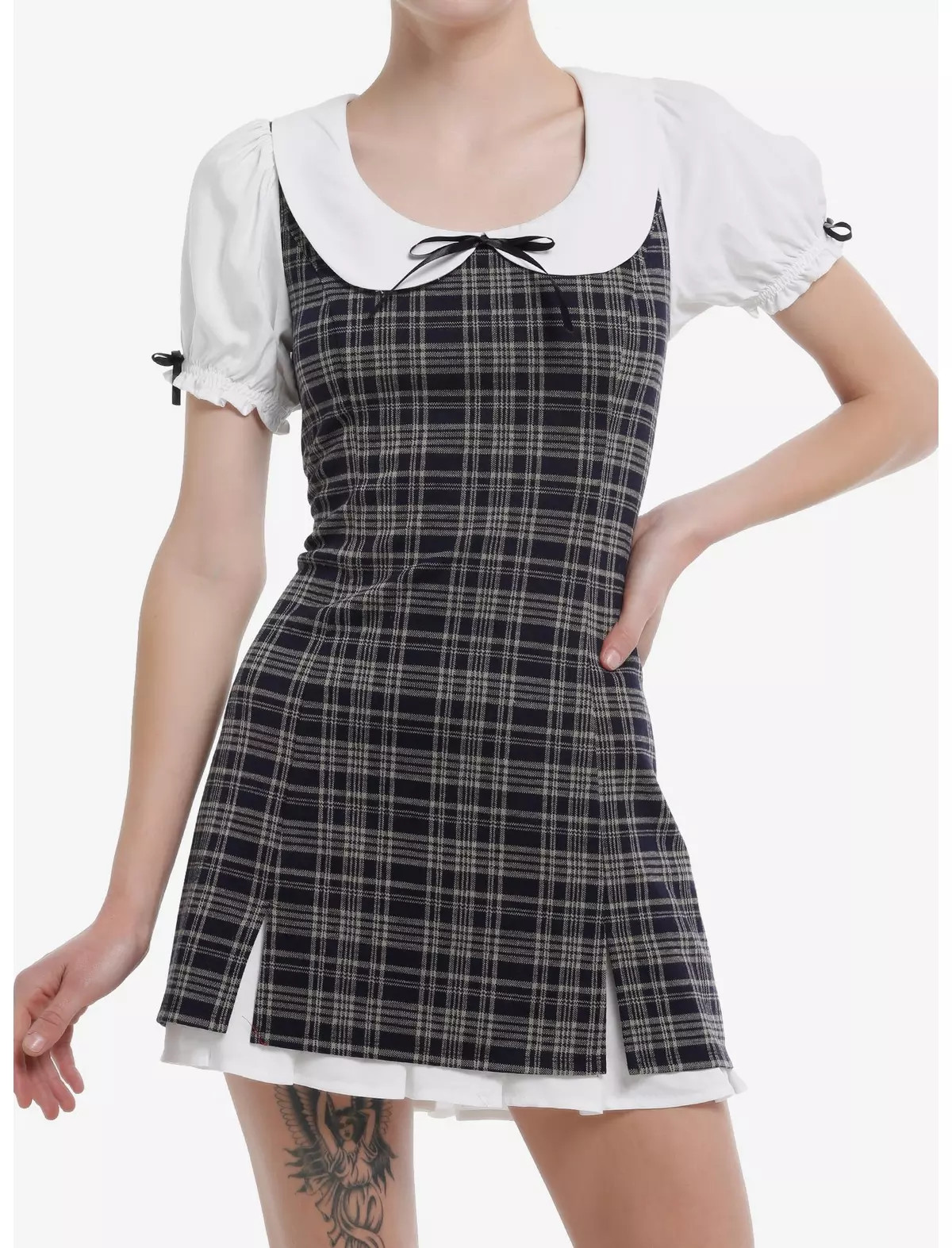Thorn & Fable Brown & Black Plaid Puff Sleeve Collar Mini Dress | Hot Topic