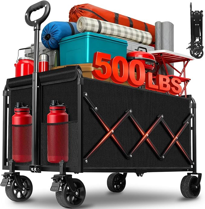 Collapsible Wagons Carts Foldable, 500LBS Heavy Duty Wagon Cart Foldable with Brakes & All-Terrai... | Amazon (US)