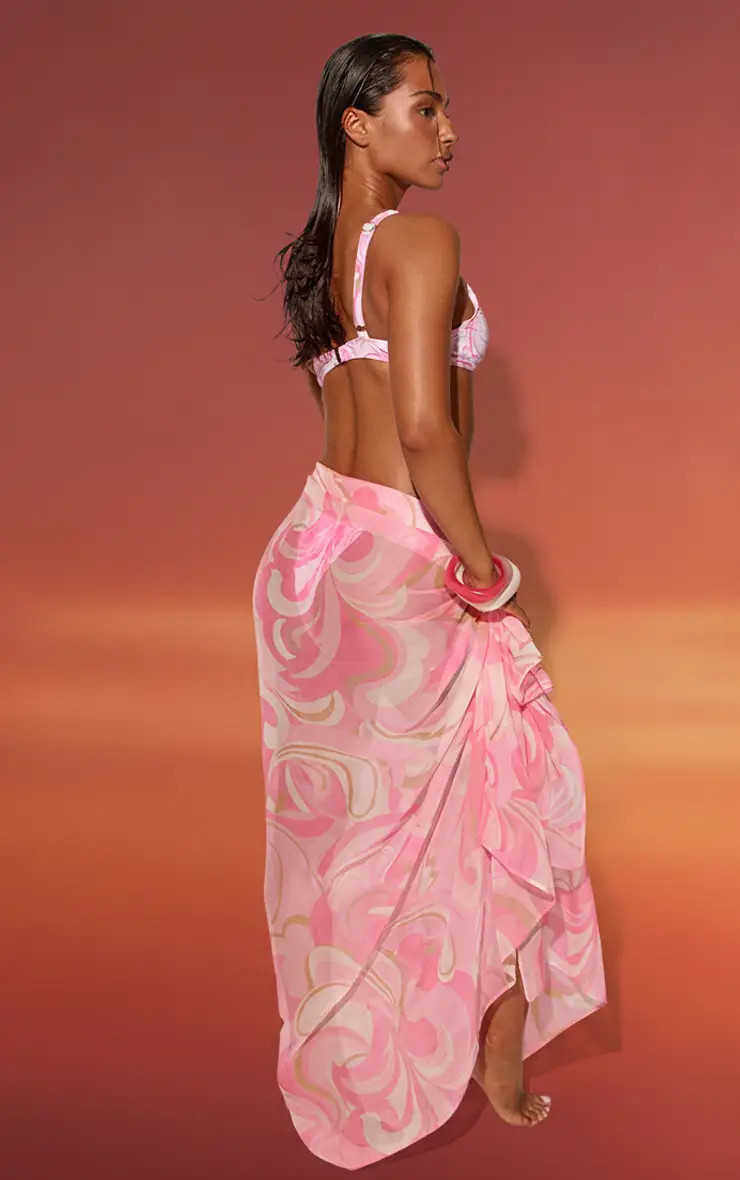 Pink Swirl Print Silk Feel Sheer Maxi Sarong | PrettyLittleThing UK