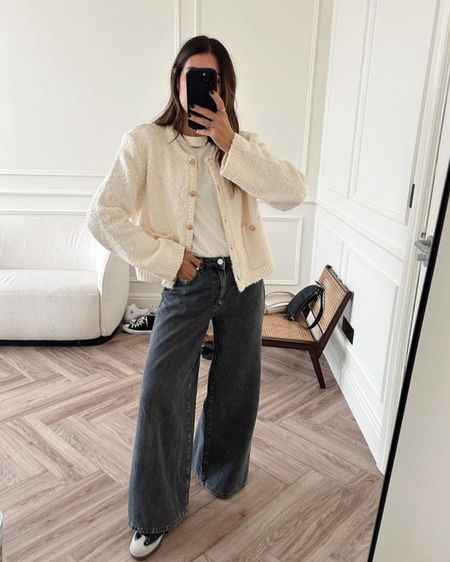 Sarah’s outfit of the day 🤍
Cream boucle cardigan, Chanel inspired with wide leg black jeans and black sambas 🤍

#LTKeurope #LTKstyletip #LTKworkwear