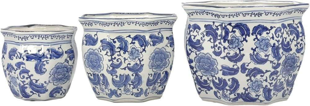 Galt International Blue & White Round Fluted Classic Floral Porcelain Ceramic Plant Flower Plante... | Amazon (US)