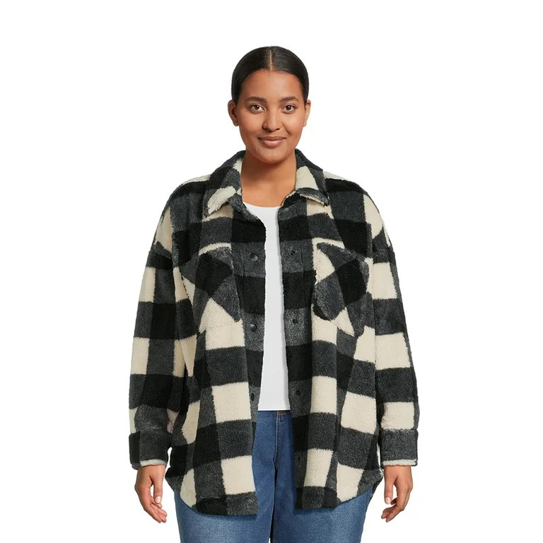 Terra & Sky Women's Plus Size Snap Front Faux Sherpa Shacket | Walmart (US)
